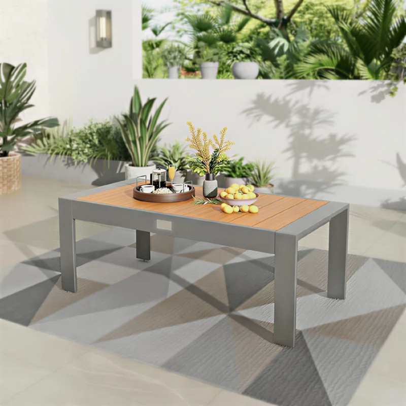 Table basse rectangulaire d'extérieur pour patio, structure en aluminium antirouille et plateau en imitation bois HDPE