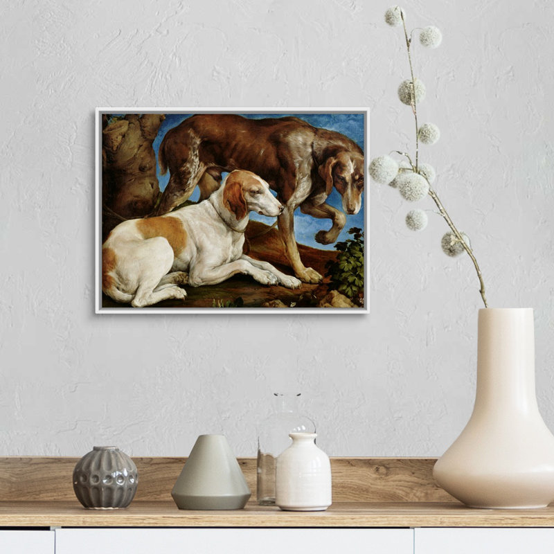 Deux chiens de chasse attachés à une souche d'arbre, c. 1548-50, reproduction sur toile Jacopo Bassano Floater, Cadre blanc