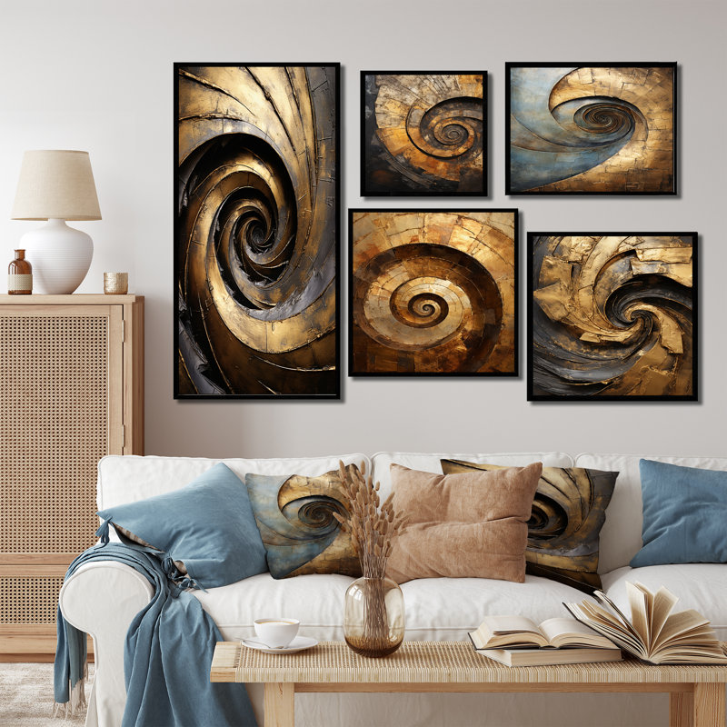 Pugh - Ensemble de 5 décorations murales spirales abstraites, Cadre flottant noir