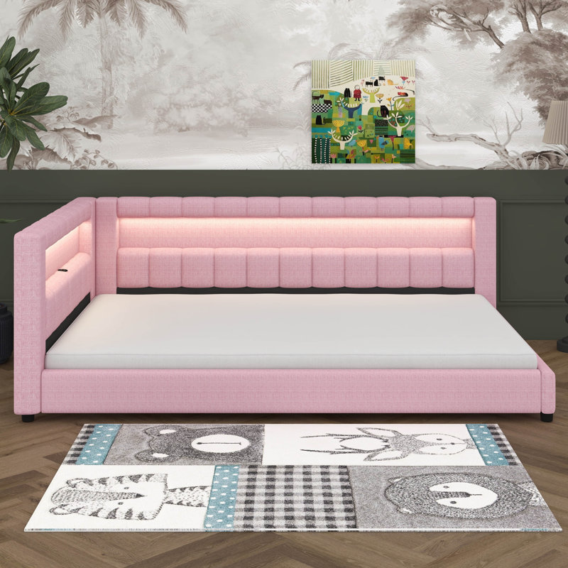 Modern Upholstered Platform Bed Frame With USB Ports,  Floor Sofa Day Bed With Storage Headboard, Full XL, Pink