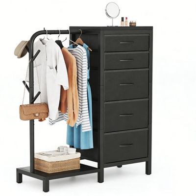 Commode 5 tiroirs avec support à chaussures et penderie, grande commode en tissu sans station de charge et lumières DEL pour la chambre à coucher, le placard, le vestibule