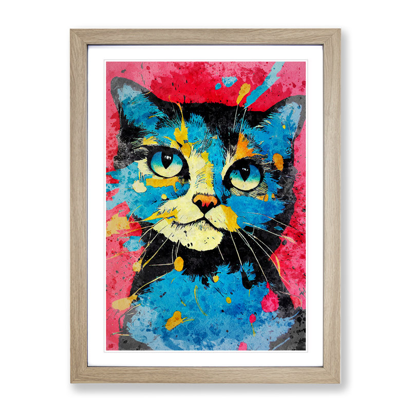 Paint Splat Cat No.5 - Framed Print, 64cm H x 46cm W x 2cm D, Oak