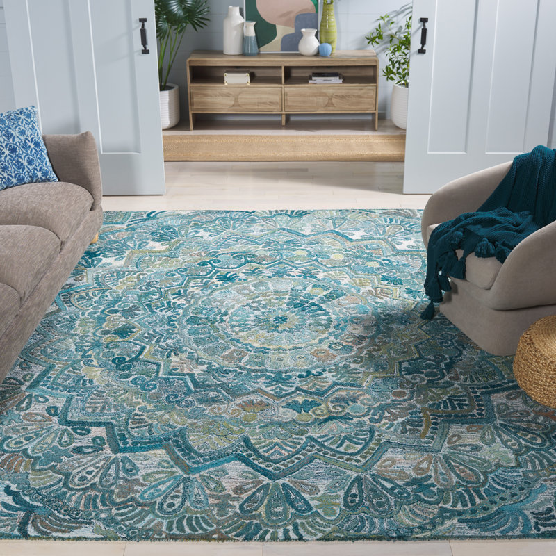 Tapis floral en laine touffeté à la main de couleur turquoise / vert Loura, Rectangle 8 pi x 10 pi
