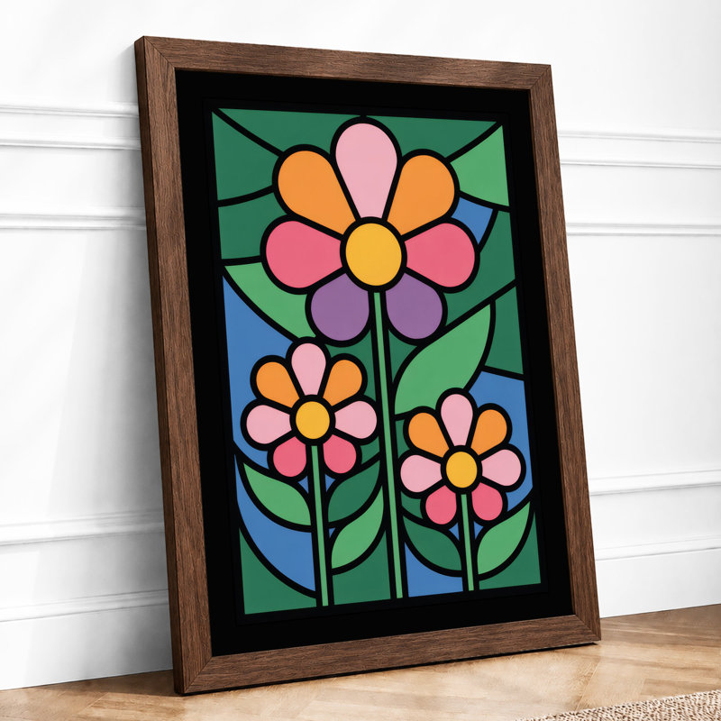 Stained Glass Blooms Botanical - Framed Print, A4 - 29.7 x 21.0 cm, Walnut