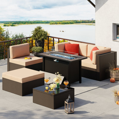  6-Piece Outdoor Rattan Patio Set with Fire Pit Table