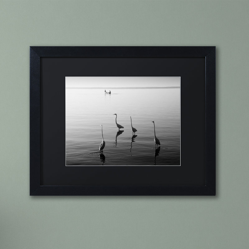 « 4 herons et bateau », reproduction de photo encadrée, H 11 po x l 14 po x P 0,5 po, Noir