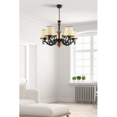 Elegant Metal Chandelier, Black & White/Cream, 21.7 x 15.7 inches | 5 x E27 Sockets (Max 40W, Bulbs Not Included) | Perfect for Dining Rooms & Living Spaces, Stylish Design with IP20 Rating, Durable Fabric Cap