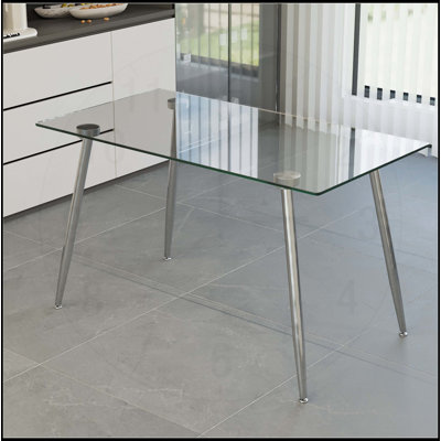 Modern Minimalist Rectangular Glass Dining Table for 4-6 with Tempered Glass and Metal Legs,  for Kitchen and Living Room by Wrought Studio
