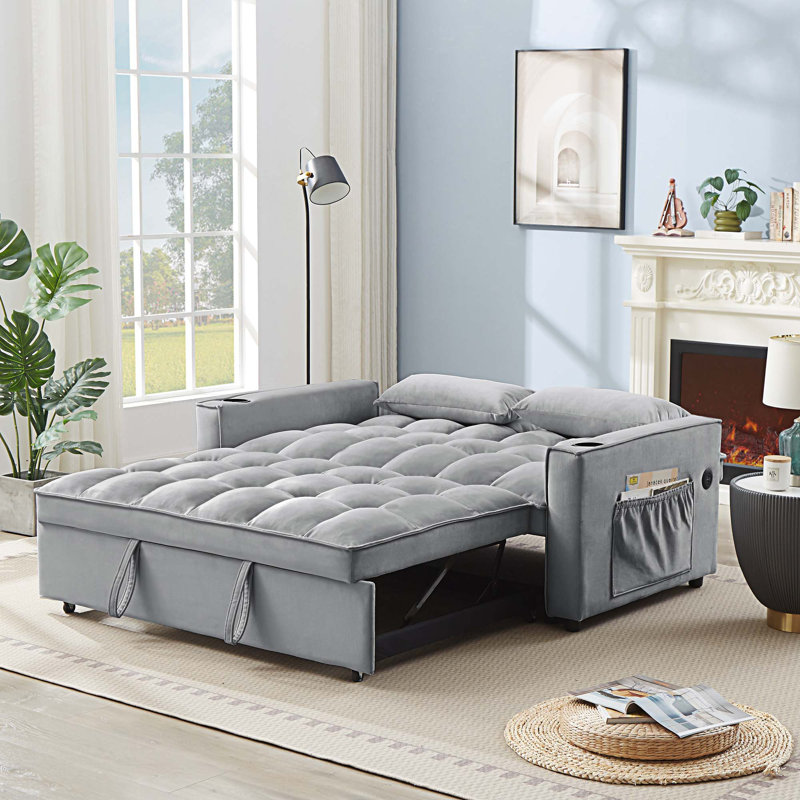 Canapé-lit convertible en velours avec dossier ajustable Tandon, Velours gris