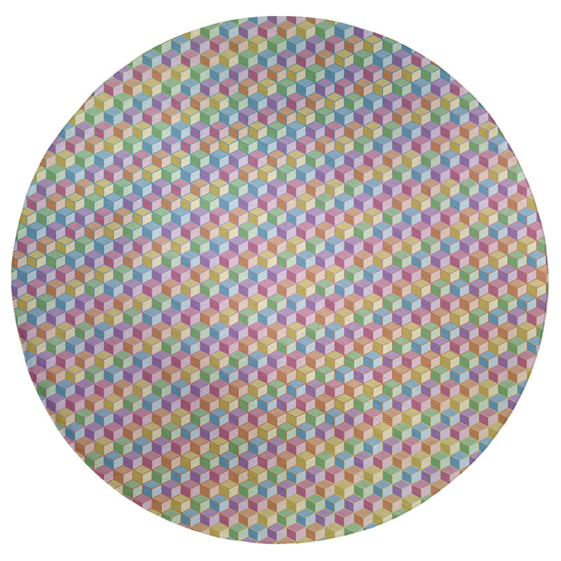 Tapis cube bleu clair/jaune/prune, Rond 5 pi