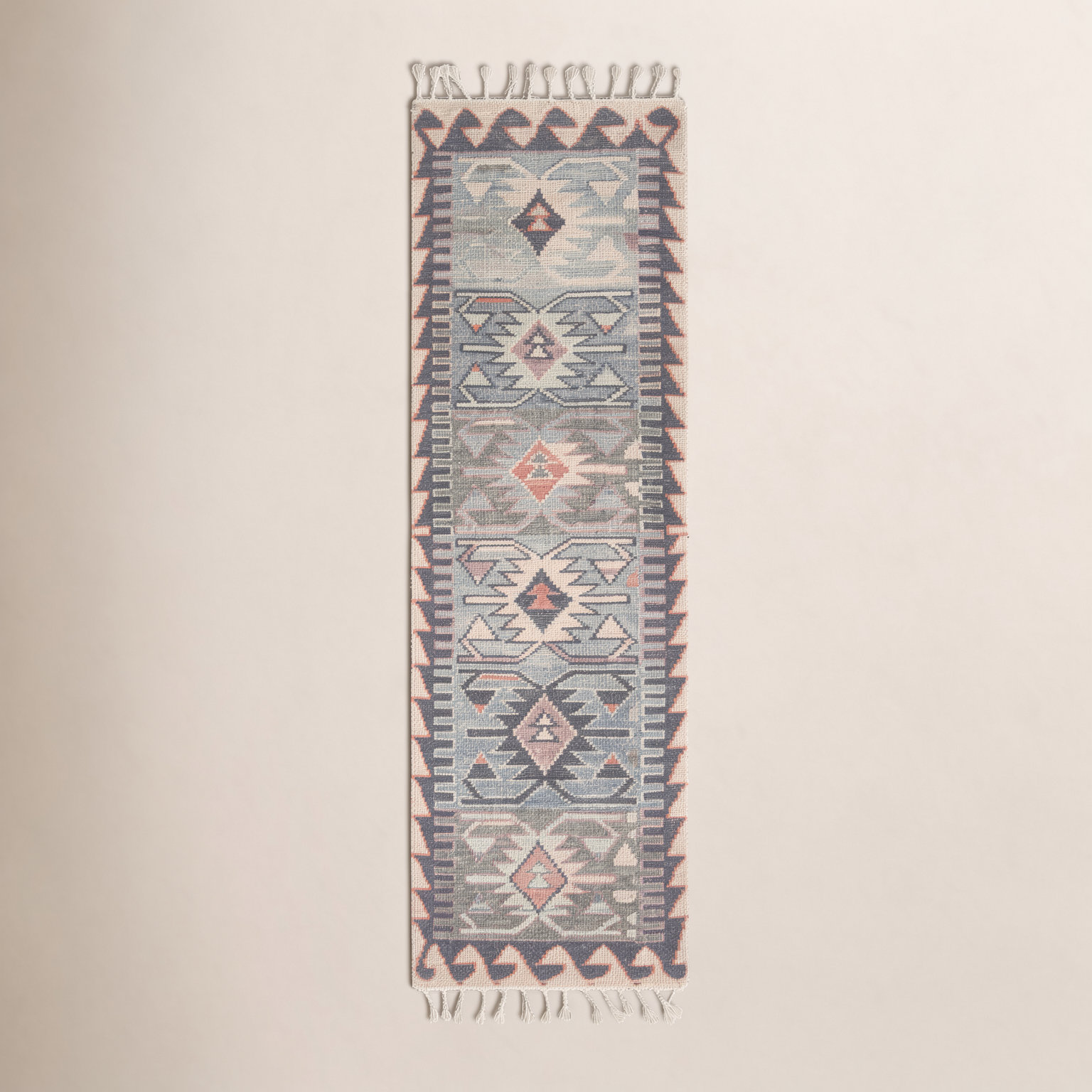 Blue Brown Beige Hand-Knotted Wool Rug, Runner 2'3" x 8'