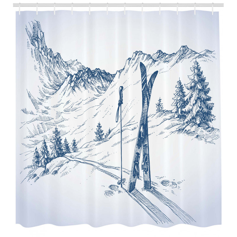 Pale Blue and White Ski Scene Fabric Shower Curtain