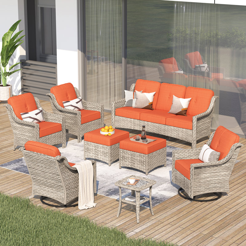 Ensemble de conversation d'extérieur en osier pour 7 personnes, canapé de patio et fauteuil pivotant avec coussins