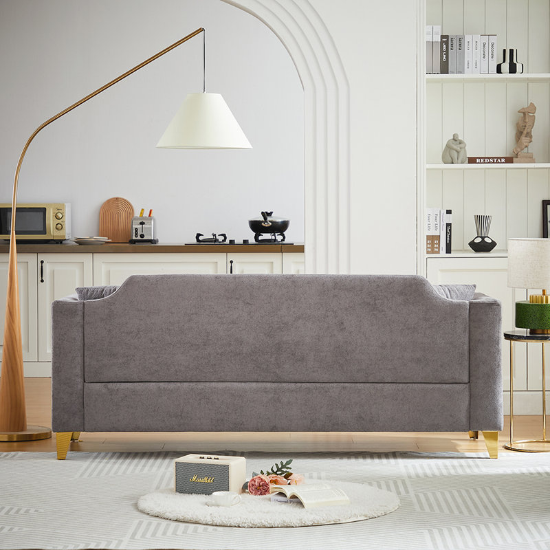 " mid-century modern chenille sofa | tufted buttons & copper nail armrest | 2 pillows | metal legs | stylish living room couch