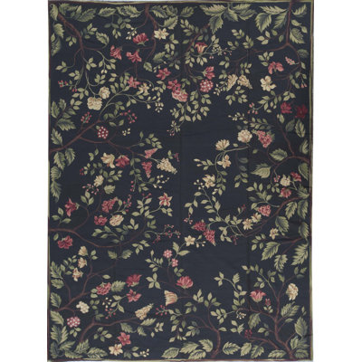 Tapis noir, vert et rose noué à la main de haute qualité