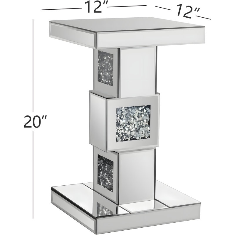 Modern Silver Mirrored End Table With Crystal Inlay, Geometric Design Accent Table For Living Room And Bedroom