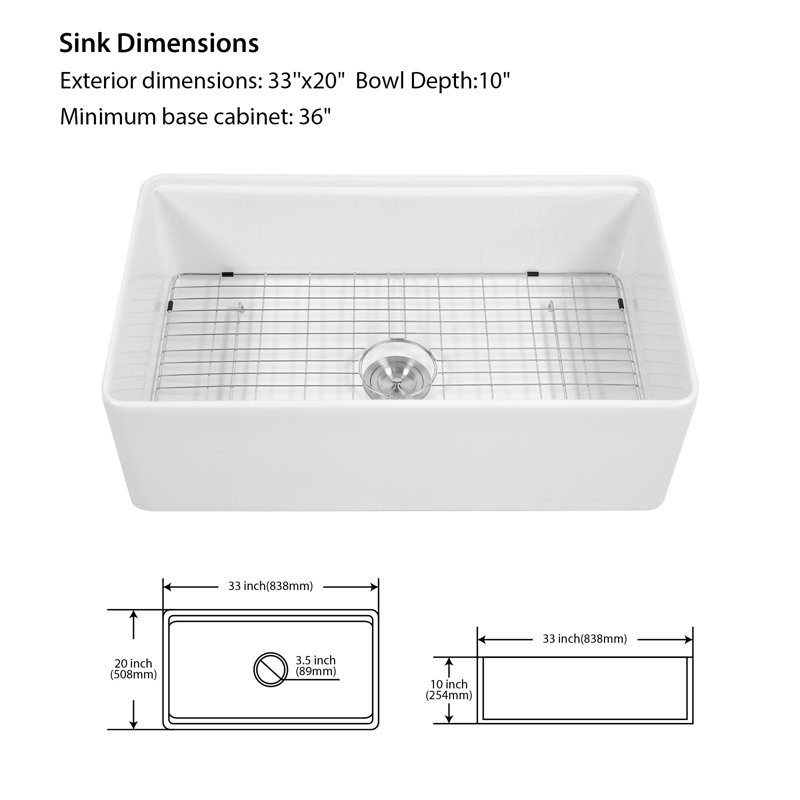 Évier de cuisine à simple cuve en céramique blanche 33 po L x 20 po 33 po