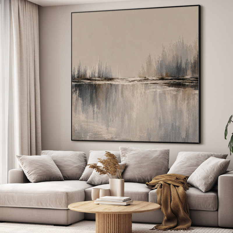 Très grand art mural imprimé sur toile - Paysage abstrait bord de l'eau beige, décor de salon contemporain - "Assemblage requis (cadre non fini)"