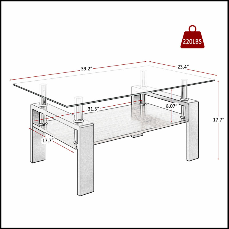 Modern Rectangle Coffee Table with Tempered Glass Top and MDF Storage Shelf, Perfect for Stylish and Functional Living Spaces.