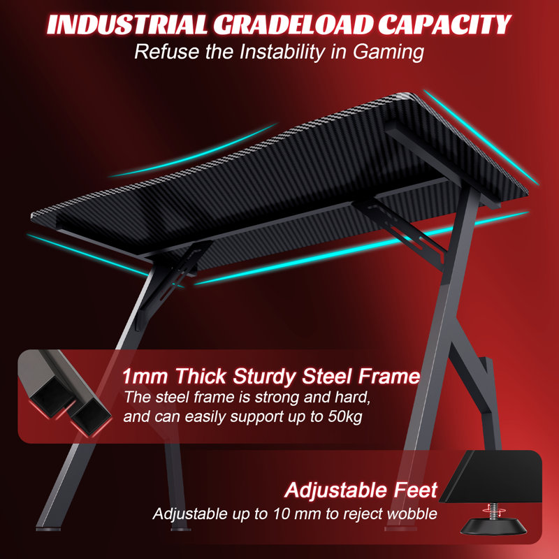 Wrought Studio Gaming Desk With Carbon Fibre Surface- A Shaped Gamer Desk Computer Workstation Home Office Ergonomic PC Desk Simple Gaming Table Home Office Desks