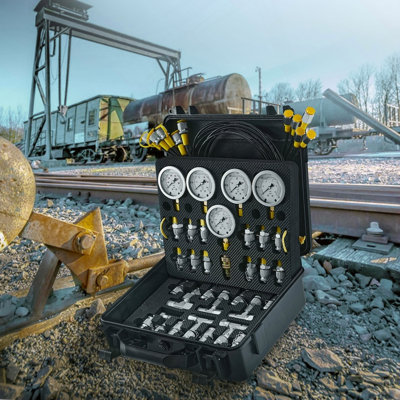 Hydraulic Pressure Test Kit, 10/100/250/400/600bar, 5 Gauges 13 Couplings 14 Tee Connectors 5 Test Hoses, Excavator Hydraulic Test Gauge Set with Carrying Case for Excavator Tractors Machinery