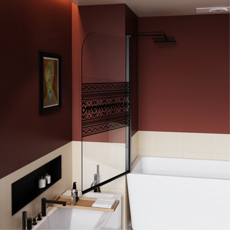 Bohemian Style Tempered Glass Bathtub Shower Door, 32 In Wide, 55 High, 1/4 Inch Thick, Black Stainless Steel Handles, Rust - And Long Standing Screen, Black, Zinc Alloy Hardware, Reversible