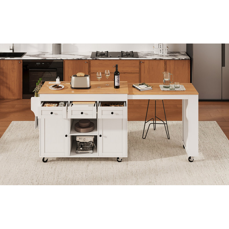 85.5" Kitchen Island with Extendable Dining Table, Kitchen Storage Table with 3 Side Open Shelves, Rolling Kitchen Island with Power Outlet, 3 Drawers, 2 Doors, for Kitchen, Dining Room