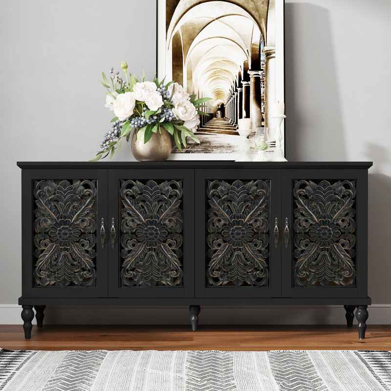 62" Vintage Buffet Cabinet with Adjustable Shelves and 4 Doors, Sideboard with Hollow Carved , Black