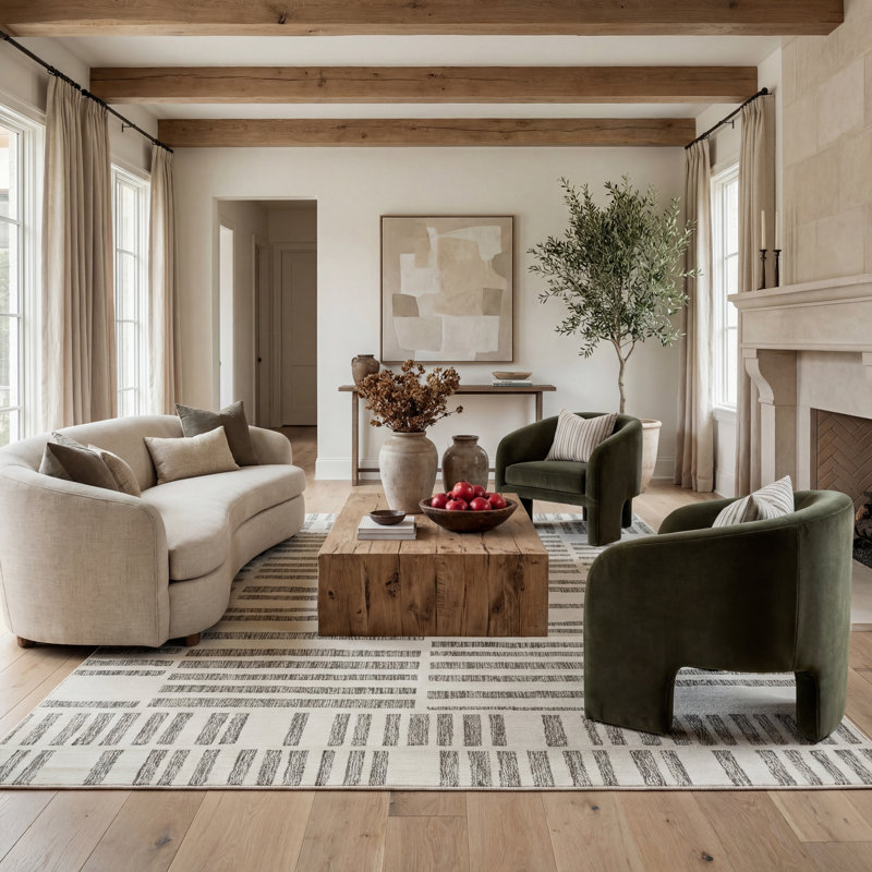 Tapis d'intérieur rayé crème / beige 6 pi x 9 pi (5 pi 11 po x 9 pi 0 po) Branch Branch Linea, tapis contemporain, à poils courts et résistant aux taches