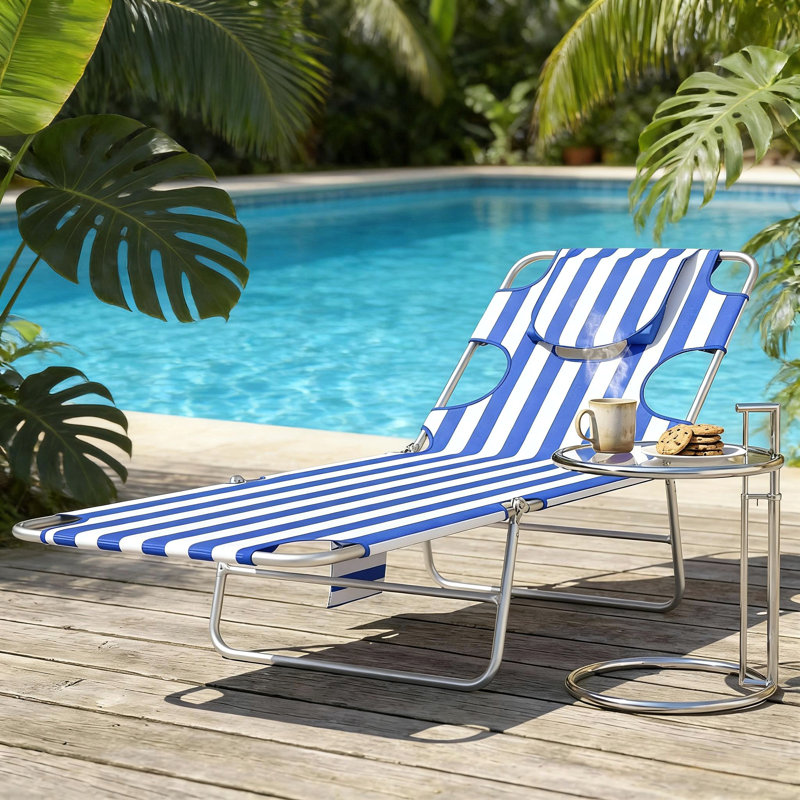 Poolside Folding Bed,Outdoor Chaise Lounge Chair,Adjustable Back Tanning Chair, Blue/White