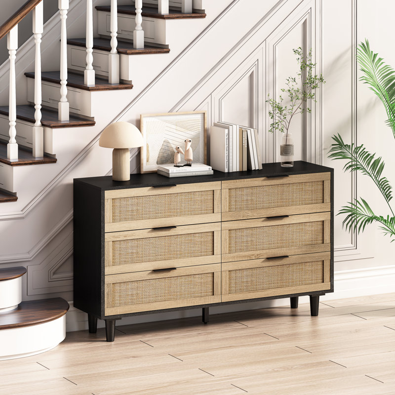 Armoire de rangement moderne en bois noir 6 tiroirs Lumia avec façades tissées naturelles Lumia