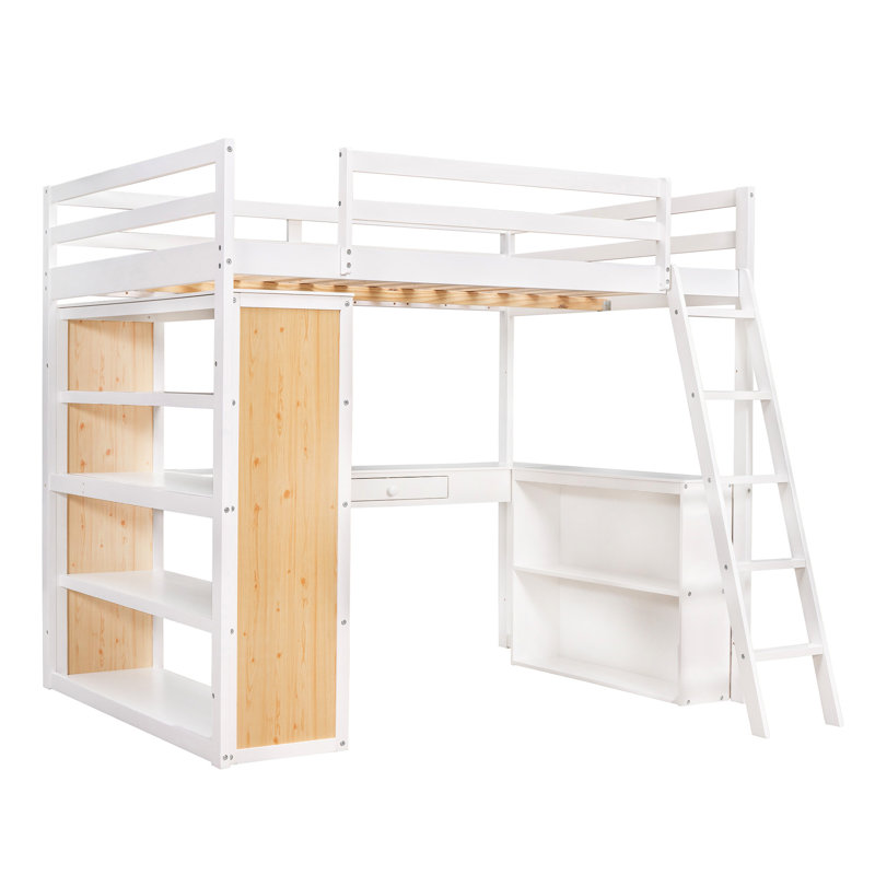 Full Size Loft Bed In White With Useful Desk And Shelves, Solid Build Structure , - Comfortable Living Space