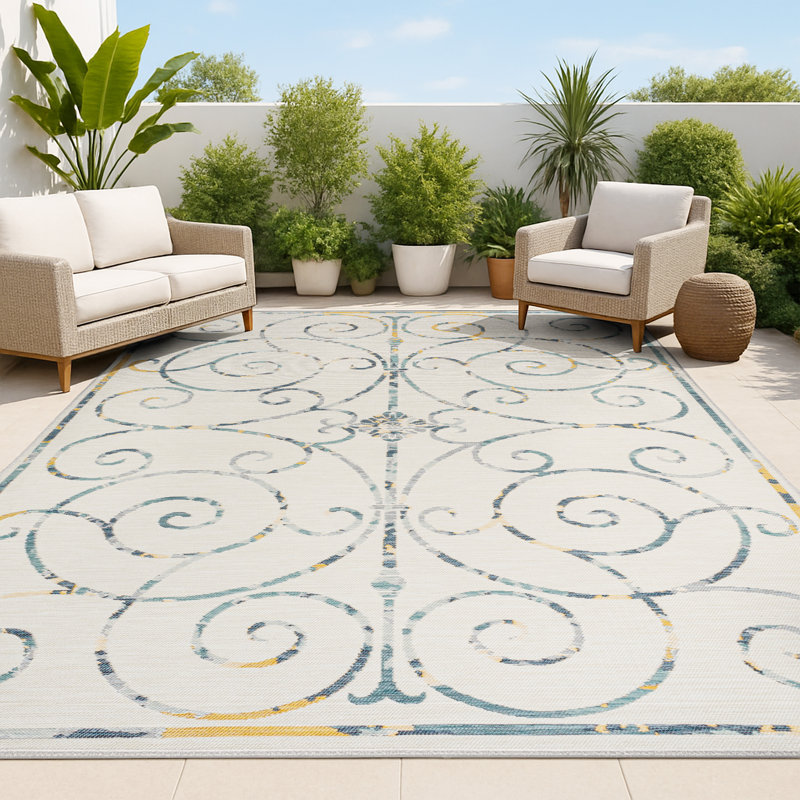 Tapis d'intérieur / extérieur crème / bleu marine Bilol, Rectangle 7 pi 9 po x 10 pi