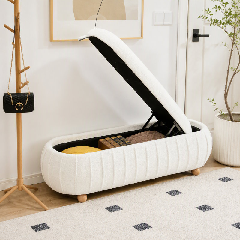 Banc de rangement rembourré à rabat de 55,25 po avec repose-pieds en chenille et pieds en bois d'hévéa, Beige