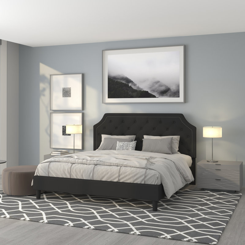Base de lit plateforme tapissier arquée avec capitonnage Aluino - Aucun sommier tapissier requis, Noir, Très grand