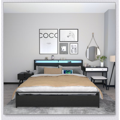 Storage Headboard With Charging Station, Solid And Stable, Noise Free, No Box Spring Needed, Easy Assembly