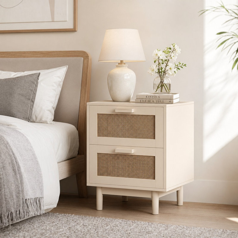 Table d'appoint multifonctionnelle en faux rotin avec 2 tiroirs de rangement, table de chevet polyvalente et table de bout décorative en bois