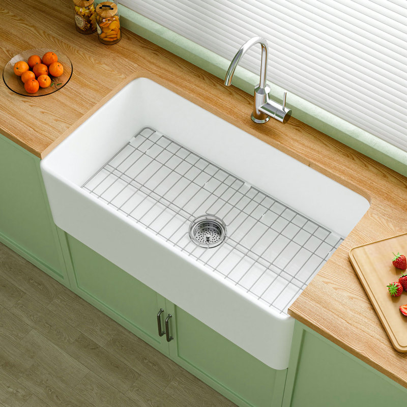 Évier de cuisine à tablier frontal en argile réfractaire 33 po x l 18 po pour évier de cuisine, évier simple blanc, 2 accessoires personnalisés inclus