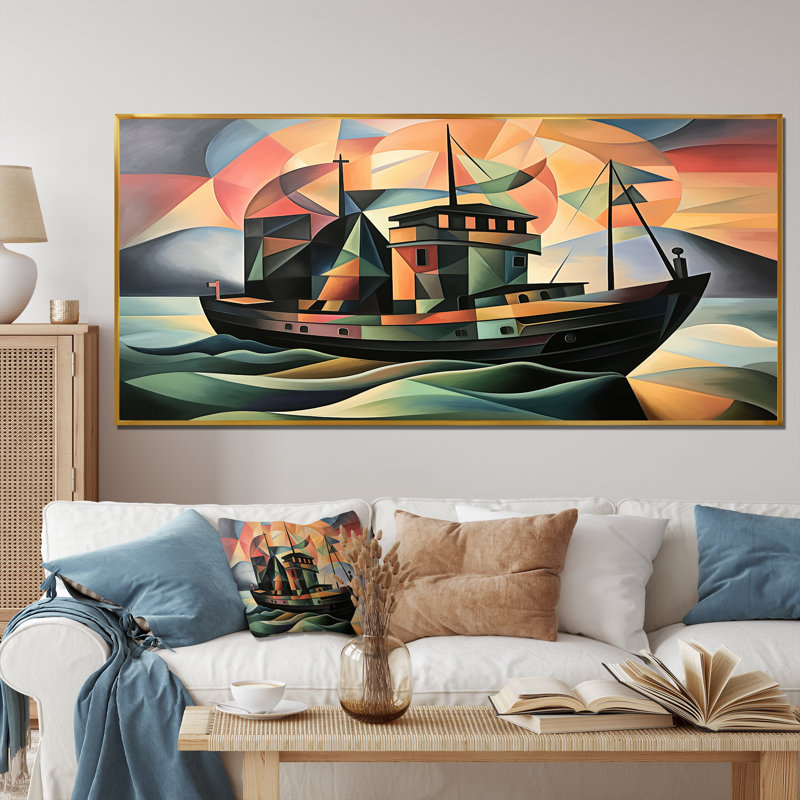 «Cubist», bateau de bord de mer, art mural, Cadre flottant doré, H 28 po x l 60 po x P 1,5 po