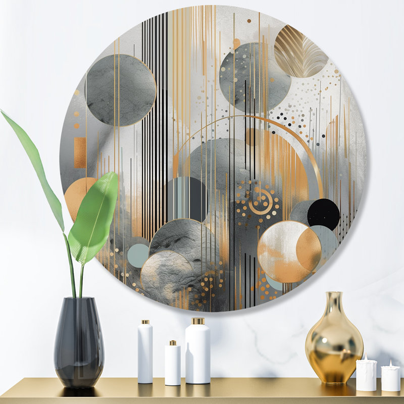 «Abstract Shapes And Lines II», art mural rond en marbre abstrait sur métal, H 16 po x l 16 po x P 1 po