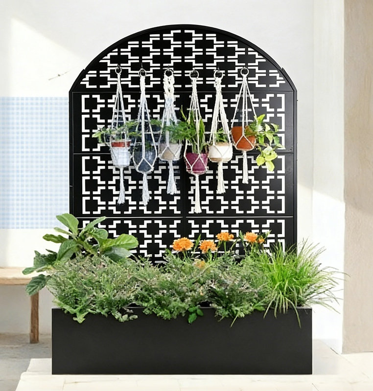 Arched Decorative Privacy Screen with Planter Box, 70.87" Tall Metal Freestanding Fence Planter, 35.04"×15.75"×11.81" Planter Box for Patio Balcony Backyard