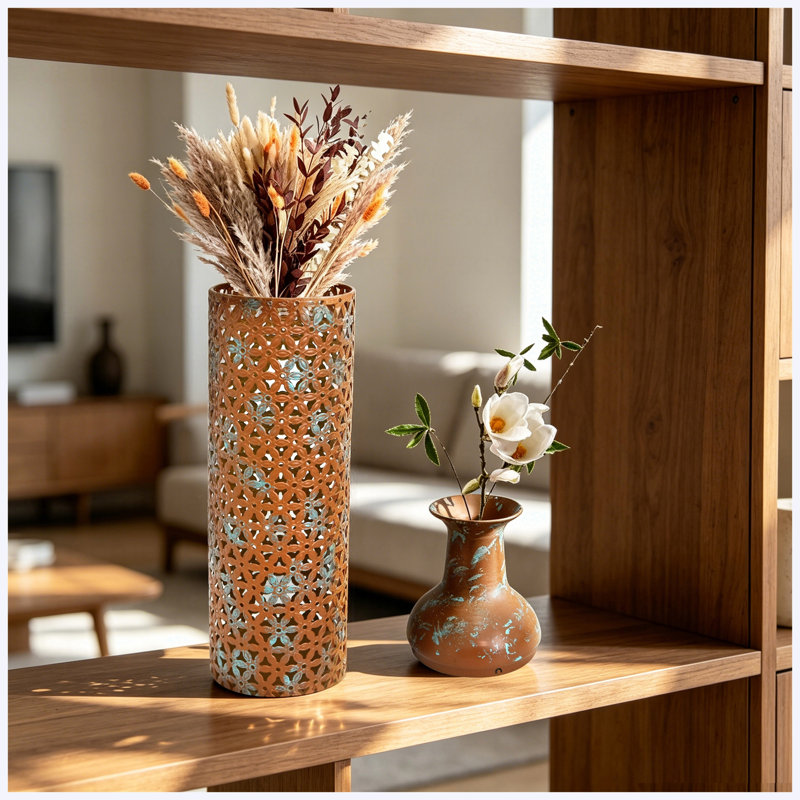 Ensemble de 3 vases de sol décoratifs en métal avec motif de feuilles brun rustique, grands vases pour la décoration de salon et de vestibule