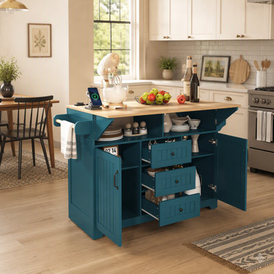 55.7" Kitchen Island with 2 Drop Leaf, 5 Wheels, Power Outlet, Folding Storage, Spice Towel Rack, 3 Drawers, Green