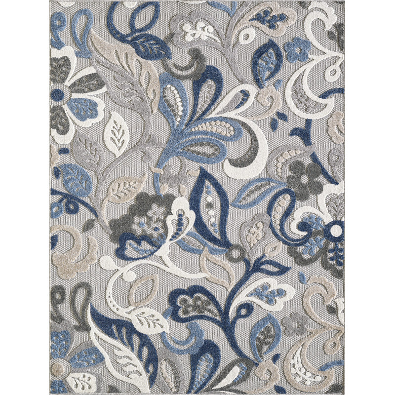 Tapis d'intérieur / extérieur Gahanna, Rectangle 5 pi 3 po x 7 pi, Gris te bleu