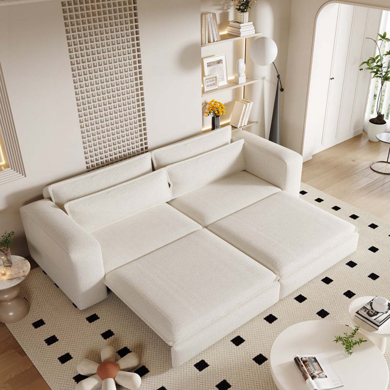Canapé-lit convertible 3 en 1 de 93 pouces pour très grand lit, canapé-lit escamotable avec méridienne et 2 coussins lombaires, blanc beige