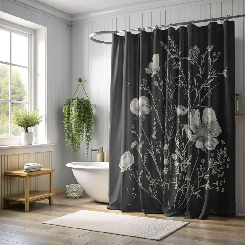 Rideau de douche standard 1 pièce Black White Flower Designs, H 74 po x l 71 po