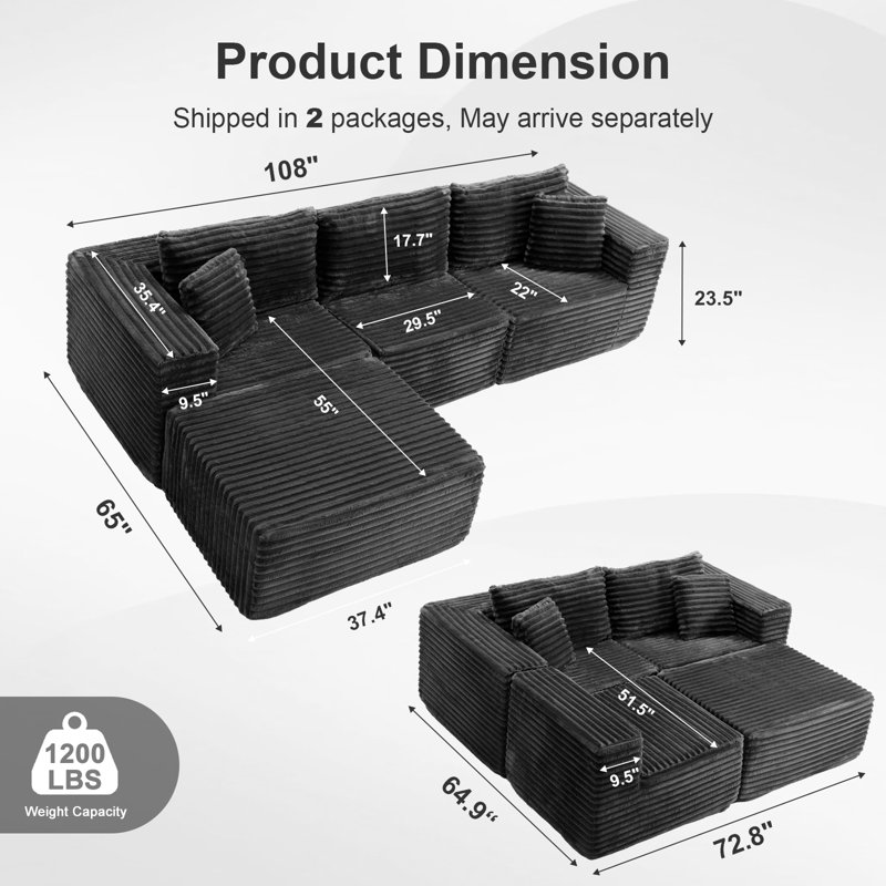 108" Modular Sectional Couches Luxury Modern Corduroy Sofa, Minimalist Comfy L-Shape Cloud Couch, Compression Packaging & No Assembly Required for Living Room Apartment
