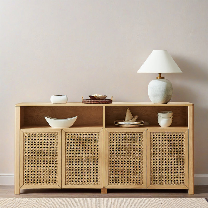 Buffet 63,02 "Mid Century Modern Buffet avec rangement, grande console média pour le salon, l'entrée et la cuisine, Naturel
