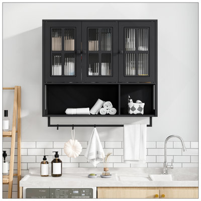 Armoire murale de salle de bain, armoire murale en bois à 3 portes avec espace de rangement ouvert et caché, armoire à pharmacie avec porte en verre et barre à serviettes pour le salon du vestibule, salle à manger, noir