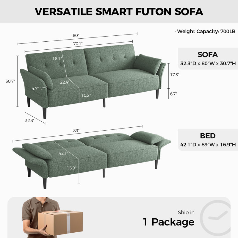 Canapé convertible en lin 89 po, canapé-lit futon avec 2 coussins carrés, dossier réglable et accoudoirs pour le salon